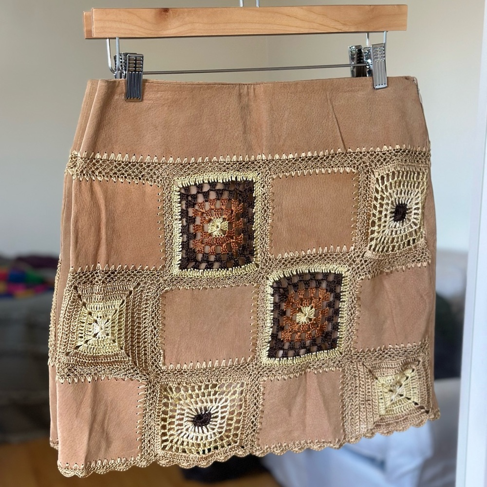Vintage Handcrafted Crochet Patchwork Skirt - Genuine Suede Tan and Brown
